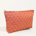 Pink and orange checkered knit makeup bag with top zipper and spacious storage - Orange-Pink Checkerboard
