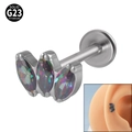 Piercing labret en titane G23 avec trois opales marquise irisées et base plate polie - 1.2x6mm / Argent/Pierre Aurore