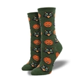 Detalle de calcetines de Halloween con calabazas naranjas y gatos negros en fondo verde - Talla única / Gato Calabaza Verde Oscuro