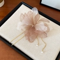 Pink fabric rose hair clip with golden chains and hanging pearls on a linen background - Hair Stick / Brown