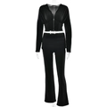 Women's 2-piece black tracksuit featuring zip-up cropped hoodie and flared high-waisted pants - S / Black