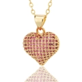Elegant gold heart pendant necklace with paved pink rhinestones on a thin metal chain - Rose Red