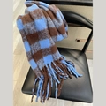 Thick long rainbow plaid scarf with blue and brown patterns and tassel fringe detail - Blue Brown Plaid