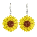 Detailed view of yellow sunflower earrings with glitter texture and silver hook wires - Sunflower