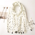 Elegant cotton linen scarf with black feather print and tassels on a white background - SL2006-019 (White Black Feather Print Tassel)