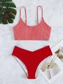 Red high-waist bikini set with red and white vertical stripes and V-cut waistline - S / Dark Red