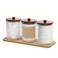 Set of 3 clear acrylic storage jars with dark wood lids on a bamboo tray for cotton balls - 3 Jars with Black Wood Lid + 1 Bamboo Tray