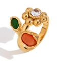Vintage 18K gold plated stainless steel flower ring with colorful gemstone inlay - US 6 / Flower Gemstone Ring - Gold Multicolor