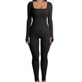 Close-up of black ribbed long-sleeve bodysuit featuring a stylish square neckline - S / Tops / Long Sleeve / Black