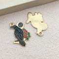 Halloween raven on red rose enamel charm pendant with gold moon and stars detailing - Right Flower Crow