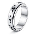 Brushed stainless steel spinner ring featuring black celestial moon and star pattern - US 5 / Silver-Star Moon