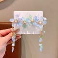 Blue and green floral hair clip with long beaded tassels and pearls for Hanfu style - Double Blue Flower Clips