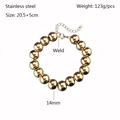 Polished 14mm gold stainless steel bead bracelet with adjustable extension chain - Gold (YB-987G-14mm)