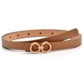 Detail of light brown thin leather belt with a golden double ring buckle and pin holes - 105cm x 1.4cm / Khaki