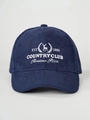 Close-up of navy blue corduroy baseball cap with white deer and EST 1991 embroidery - Adjustable / Navy Blue