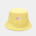 Close-up of pink cherry blossom embroidery on a yellow cotton canvas bucket hat - M (56-58cm) / Yellow