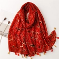 Écharpe ethnique en coton et lin rouge avec imprimé floral, pois et glands décoratifs - Rouge Floral à Pois Gland (SL2304-041) / Taille unique