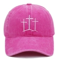 Detail of white cross embroidery on vintage washed pink cotton baseball cap - Rose Red