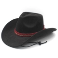 Classic black faux suede cowboy hat with red ethnic woven band and adjustable chin strap - M (56-58cm) / Black
