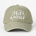 Vintage olive green washed cotton baseball cap with Hot Mess heart embroidery - Light Khaki