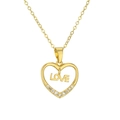 Golden heart necklace with LOVE lettering and seven clear zircons on white background - Gold LOVE Heart
