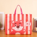 Pink striped non-woven shopping bag featuring a cute cartoon bear and sturdy red handles - HI Bear