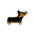 Enamel Corgi brooch badge in orange and white with a small yellow butterfly detail - Corgi with Butterfly on Nose Style (QHXZ107)