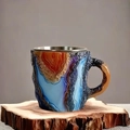 Blue and orange mineral crystal textured coffee mug on a rustic wooden slice base - Multicolor Agate