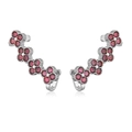 Detail of silver clover ear climbers featuring sparkling pink rhinestones in curved design - Platinum Plated Rose Red Zirconia