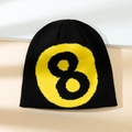 Minimalist black knit beanie with yellow number 8 pattern on textured background - M (56-58cm) / Black Yellow