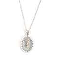 Light blue oval necklace with golden ginkgo leaf and pearl border on 18k gold chain - Ginkgo Leaf Pearl-Steel Color 0246