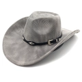 Top view of a grey western cowboy hat featuring black leather band and silver metal studs - M (56-58cm) / Striped Grey