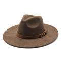 Dark brown wide brim suede fedora hat with heart detail and decorative metal buckle - M (56-59cm) / Brown