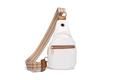 White faux leather crossbody sling bag with textured geometric woven strap and zip pocket - Small / White