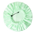 Detail of light green satin shower cap featuring adjustable drawstring and PEVA lining - Green