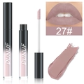 Vue détaillée du rouge à lèvres liquide mat 27 rose-violet clair avec applicateur et test - 27#
