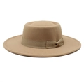 Detailed view of the flat brim wool fedora with decorative side bow ribbon - M (56-58cm) / Taupe