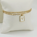 Pulsera de doble capa de acero inoxidable dorado con eslabones y colgante de letra V - Letra V