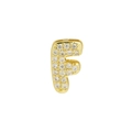 Golden mini bubble letter F pendant charm with sparkling clear zircons on white backdrop - Letter F / Gold