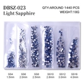 Light Sapphire flatback nail art rhinestones in mixed sizes within a 6-slot storage case - Mixed Sizes SS4-SS16 Around 1440 Pieces / Light Blue