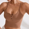 Brown ribbed knit camisole crop top with henley neck buttons and skinny fit - S / Brown