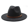 Detailed close-up of dark grey wool felt fedora with a brown leather band and metal buckle - M (56-58cm) / Black