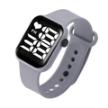Macro detail of square LED watch with grey silicone strap and digital time display - Grey White LED