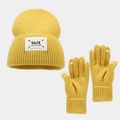 Detail of yellow knit hat and touchscreen gloves set with SWiE patch and white fingertips - Yellow