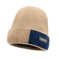 Berretto invernale in maglia bicolore kaki e blu navy con toppa in pelle alla moda - Taglia Unica(Regolabile) / Cachi