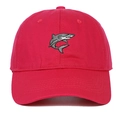 Close-up of gray shark embroidery on bright pink twill cotton baseball cap - Adjustable / Rose Red