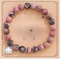 Detail of pink and black spotted bead bracelet with heart charm on gift message card - Rhodonite + Mother in Law Card