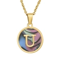 Gold-plated stainless steel necklace featuring a round pendant with letter U and colorful inlay - Colorful Abalone Shell Letter U