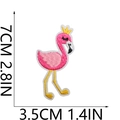 Pink flamingo embroidery patch detail with crown and 7x3.5cm size measurement info - Style 11 - Long-Legged Flamingo