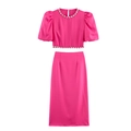 Elegante completo in raso rosa con top corto con strass, maniche a sbuffo e gonna midi - XS / Rosa Rosso